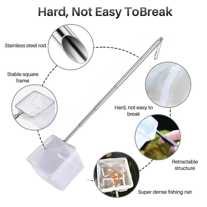 4 Pcs Square Shrimp Net, Stainless Steel Fish Tank Nets, Fish Net for Fishes Tank, Extendable Handle Small Fishes Nets for AquariumTank Pond