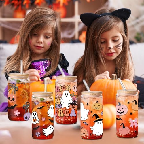 Rngmsi Halloween UV DTF Stickers - 18 Sheets Cute Ghost UV DTF Cup Wraps for 16 oz Glass, Pumpkin Bow Bat Rub on Transfer Stickers, Waterproof Uvdtf Decals for Water Bottle, DIY Halloween Crafts - style: Halloween