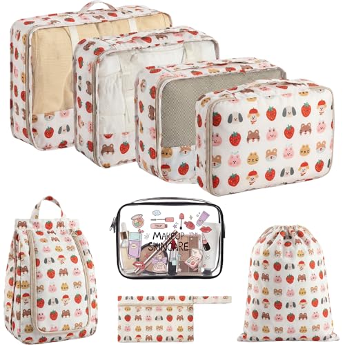 8 Set Packing Cubes for Travel with Clear Toiletry Bag, Durable Luggage Packing Organizers, Carry-On Accessories, TSA Approved See-Through Cubes, Space-Saving Storage Bags, Gifts for Women - color: Pink Strawberry Animal
