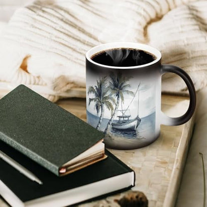 Palm Trees Fishing Boat Coffee Mug Heat Sensitive Discoloration Ceramic Cup Personalized Color Changing Coffee Cups Unique Cup Gift for Family Friends Birthday Aniversary