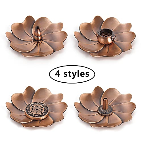 Sakura Flower Incense Holder, 5Pcs Red Bronze Incense Burner Holder with Silk Pouch, Bowl-Shape, Lotus Multi-Holes, Cone Shape and Gourd-Shape for Yoga Living Room Bedroom Home Fragrance - color: Red Copper, 5 Pcs