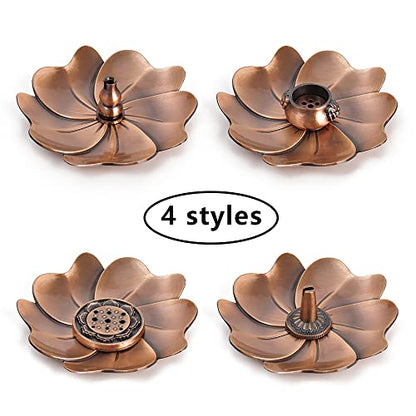 Sakura Flower Incense Holder, 5Pcs Red Bronze Incense Burner Holder with Silk Pouch, Bowl-Shape, Lotus Multi-Holes, Cone Shape and Gourd-Shape for Yoga Living Room Bedroom Home Fragrance - color: Red Copper, 5 Pcs