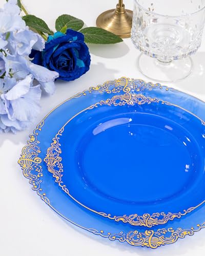 Nervure 175PCS Clear Blue Plastic Plates - Plastic Dinnerware Set Include 25Dinner Plates, 25Dessert Plates, 25Cups, 25Forks, 25Knives, 25Spoons, 25Napkins Perfect for Wedding & Party - color: Transparent Blue, style: 175Pcs(25Guests)
