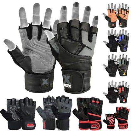 MRX Weight Lifting Pro Level Gloves with 18 Inches Long Wrist Strap Gym Workout Exercise & Fitness in - color: Black Grey, size: Large