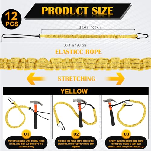 12 Pack Tool Lanyard with Single Metal Buckle and Adjustable Loop End, Standard Length, Maximum Weight Limit 8KG/ 17.6lb, with Aluminum Screw Lock, Retractable Shock Cord Stopper (Yellow) - color: Yellow