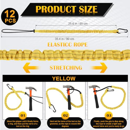 12 Pack Tool Lanyard with Single Metal Buckle and Adjustable Loop End, Standard Length, Maximum Weight Limit 8KG/ 17.6lb, with Aluminum Screw Lock, Retractable Shock Cord Stopper (Yellow) - color: Yellow