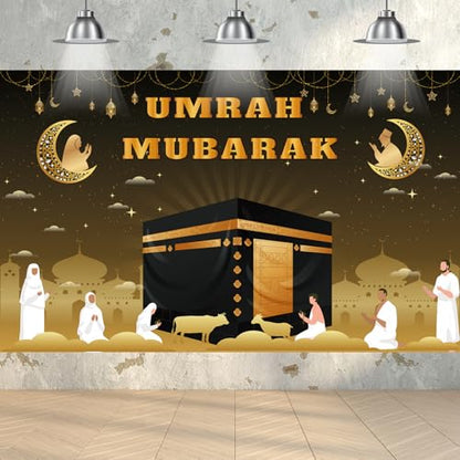 Umrah Mubarak Banner, 71×43 Inch Large Photo Booth Ramadan Mubarak Banner, Hajj Kaaba Background Ramadan Decorations for Home lslamic Muslim Eid Al-Fitr Party Favors - size: 71×43 Inch