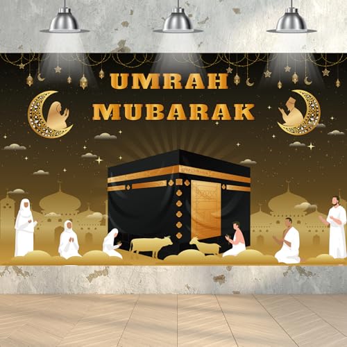 Umrah Mubarak Banner, 71×43 Inch Large Photo Booth Ramadan Mubarak Banner, Hajj Kaaba Background Ramadan Decorations for Home lslamic Muslim Eid Al-Fitr Party Favors - size: 71×43 Inch