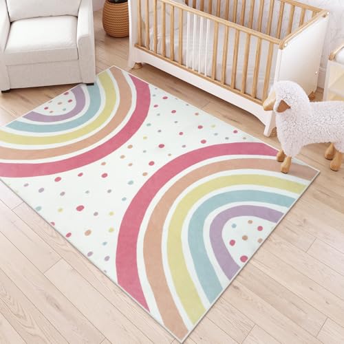 STARUIA Washable Rainbow Rug for Girls Bedroom, Large Area Rug 5x7 Colorful Rugs for Nursery Kids Room, Soft Non-Slip Carpet Kids Rugs for Classroom Playroom Tent Castle Dorm - color: Colorful, size: 5'x7' (Rectangular)