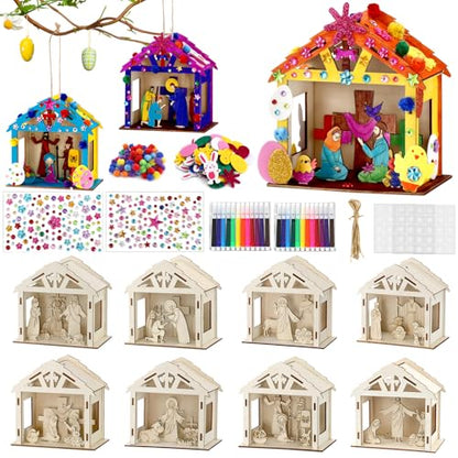 8Pcs Christian Easter Crafts Wooden House for Boy Girl & Adult, Religious Easter Activities DIY Kit with Jesus He Is Risen Egg Bunny, Spring Bible Art Gift for Basket Stuffers Party Favors Decor Bulk - style: Christian Easter