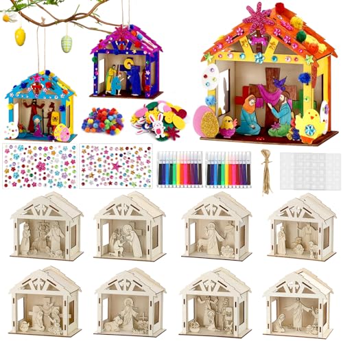 8Pcs Christian Easter Crafts Wooden House for Boy Girl & Adult, Religious Easter Activities DIY Kit with Jesus He Is Risen Egg Bunny, Spring Bible Art Gift for Basket Stuffers Party Favors Decor Bulk - style: Christian Easter