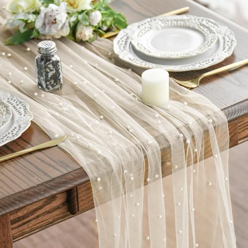 Artoid Mode Pearl Beige Gauze Table Runner 10FT Home Decor - color: Beige, size: 28" x 120"
