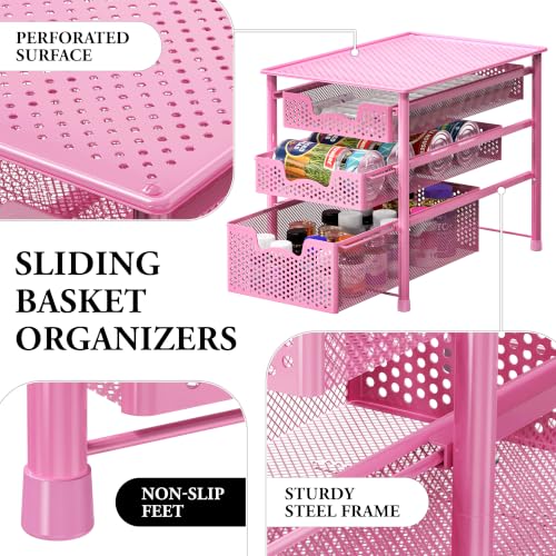 Simple Houseware Stackable 3 Tier Sliding Basket Organizer Drawer, Pink - color: Pink, size: 3-Tier