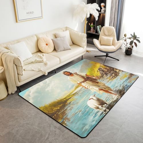 Manfei God Walk on The Lake Kids Area Rug,Faith-Inspired Lamb Theme Indoor Floor Mat Entrance Rug for Girls Boys,Western Bible Verse Spiritual Non Slip Rug,Ink Blue Couch Living Room Decor,5'x6'6'' - color: Ink Blue, size: 4'11" x 6'7" (Rectangular)
