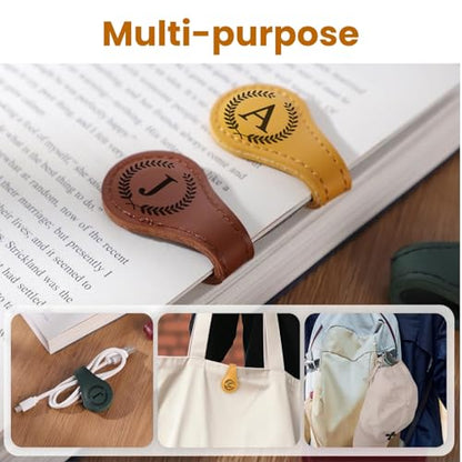 Personalized Magnetic Leather Bookmarks with Initial, 26 Letters Custom Handmade Magnet Book Marks Clips, Gifts for Reading Women, Men, Book Lovers, Kids, Readers Accessories - style: Brown-M