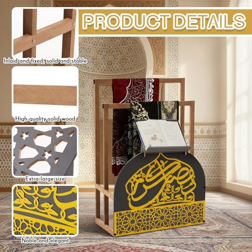 Chunful Gold Wooden Quran and Prayer Mat Stand, 35.4 x 26 x 11.8inch, Ideal Gift for Eid Ramadan and Muslim Home Decor, Islamic Prayer Rug Holder with Arabic Calligraphy for Home Mosque