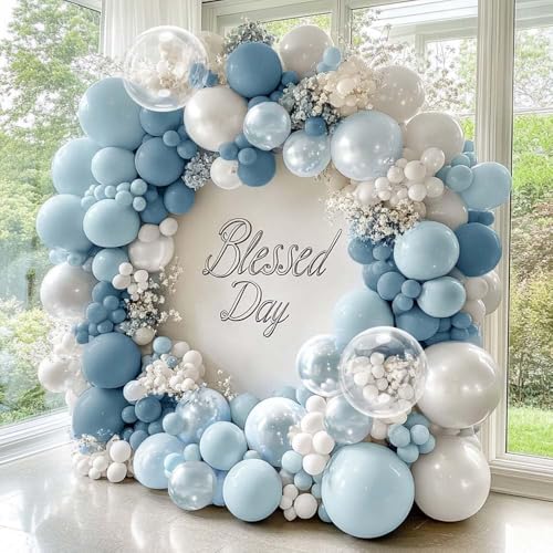 Dusty Blue and White Balloons Garland Double Stuffed Pearl Light Blue Bobo Balloon Arch Kit for Birthday Baby Shower Wedding Bridal Cinderella Frozen Winter Party Decorations - color: Blue White