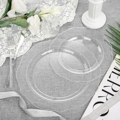 Liacere 150PCS Clear Silver Plastic Plates & Disposable Silver Plastic Silverware with Glitter Bamboo Handle Cutlery-Baroque Clear Disposable Plates for Wedding & Party - color: Silver, size: Baroque Style