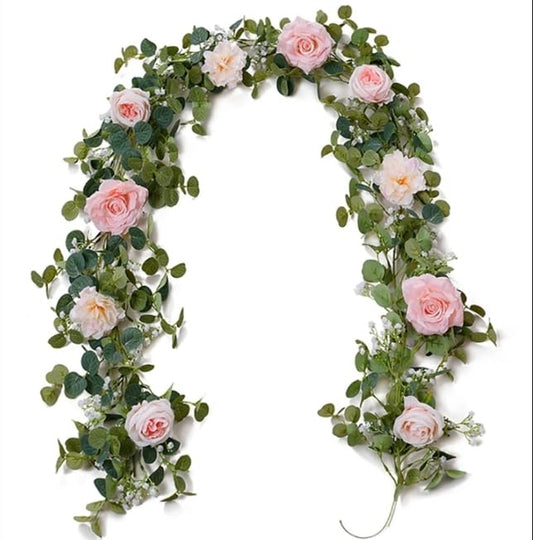 Anna's Whimsy 2PCS 5.91FT Artificial Eucalyptus Garland with Flowers, Fake Rose Gypsophila Garland, Faux Floral Garlands Greenery for Wedding Spring Home Party Table Runner Decor (Pink) - color: Pink, size: 2PCS