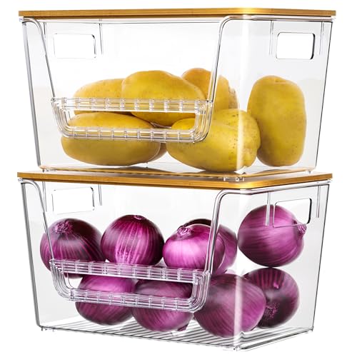 2 Pack Pantry Organizers,Clear Storage Bins with Bamboo Lids | Stackable Potato and Onion Boxs,Trash Bag Dispenser for 4-13 Gal Bags,kitchen Countertop Organizer for Produce or Snacks