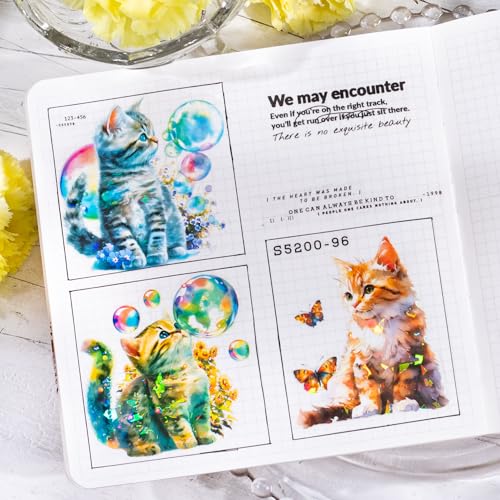 Yoksas Holographic Sparkle Cute Cat Stickers- 60Pcs Waterproof Kawaii Kitty Stickers for Scrapbooks,Journalig,Water Bottles,Planner - color: Sparkle Cat