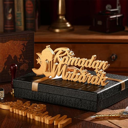 Yuntau 2 Pcs Ramadan Mubarak Wood Sign Eid Mubarak Wooden Table Centerpiece Ramadan Wooden Tabletop Decor Moon Star Islamic Mosque Letter Sign Ramadan Decorations for Home Allah Muslim Gifts(Bright)