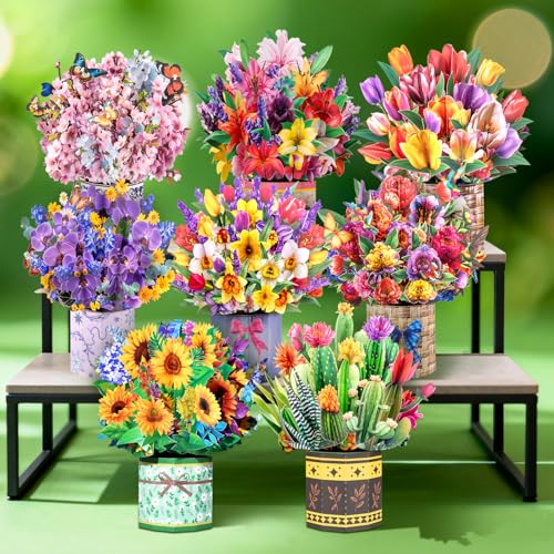 Magic Ants 8 Pack 3D Pop Up Flower Bouquet Cards Assortment – Beautiful Spring Floral Greeting Cards with Envelopes and Black Notes –for Birthday, Mother's Day, Thank You, Get Well - style: Petal Pack 8