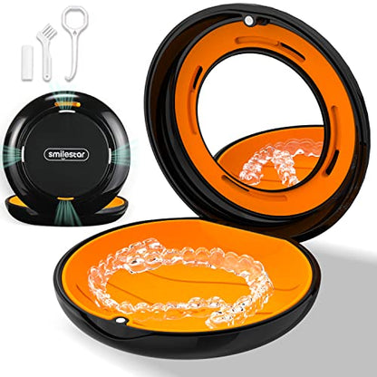 Retainer Case, Slim Aligner Case with Adjustable Vent Holes and Mirror, Compatible with Invisalign, Night Guard and Mouth Guard, Premium Retainer Case, With Aligner Remover Tool, Chew & Brush, Black - color: Round: Black