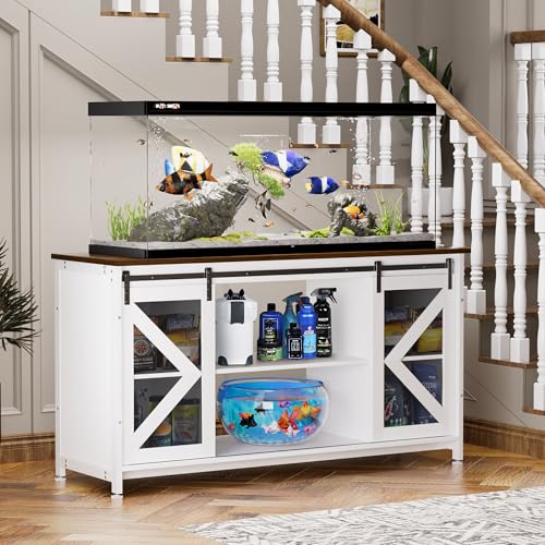 HRVEOCEI 80 Gallon Fish Tank Stand with Sliding Doors, Farmhouse Aquarium Stand with Storage Cabinet, Heavy Duty Fish Tank Table for Turtle Tanks Reptile, Adjustable Feets, 1000 LBS Capacity (White) - color: White