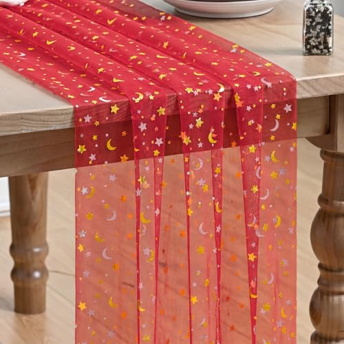 Artoid Mode Red Gauze Stars Moon Table Runner 10FT, Glitter Metallic Foil Sheer Dining Wedding Anniversary Holiday Birthday Table Decor for Home Party - color: Red