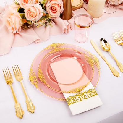 Hioasis 175pcs Burgundy and Gold Plates - Burgundy Party Plates for 25 Guest, Include 50 Heavy-duty Plates(20% Thicker Than Standard), 75 Cutlery Set, 25 Napkin, 25 Cups - color: Burgundy and Gold
