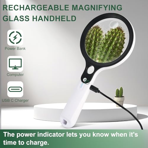 10X 20X 45X Magnifying Glass with 48 LED Light | Handheld Illuminated Lighted Magnifier with 5 Light Modes Rechargeable Magnifying Glass for Seniors Reading Inspection - color: White Handle