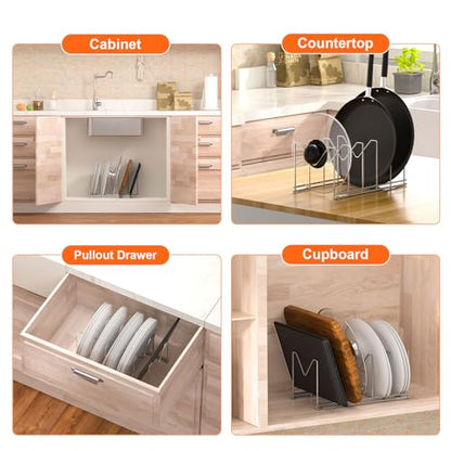 HzTinT 3 Pack Pot Lid Organizer for Cabinet, Stainless Steel Pot Lid Rack with Anti-slip Pad, Lid Holder for Pans Pots, Bakeware, Plates, Cookie Sheets, Trays, Dish, Cutting Boards, Silver