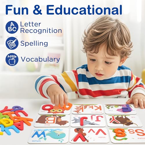 BenBen Alphabet Flash Cards, 52 Upper and Lowercase Wooden Letters, 26 Flashcards, Montessori ABC Learning Toys for Kids Ages 3-5, Preschool Learning Activities, Matching Game Puzzles