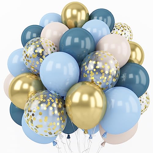 더스티 블루 풍선 세트, 60팩 30.5cm(12인치) 메탈릭 크롬 골드 마카롱 블루 오션 블루 화이트 샌드 풍선 색종이 조각 풍선 보헤미안 베이비 샤워 웨딩 보이 생일 졸업 장식 - color: 블루와 크림