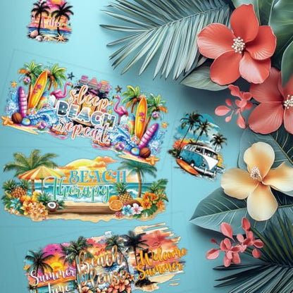 20 Pcs UV DTF Cup Wraps, 10 Styles Summer Beach Decals Cartoon Rub on Decals Waterproof Transfer Stickers for Glass Cups Wood Crafts - style: Summer Beach