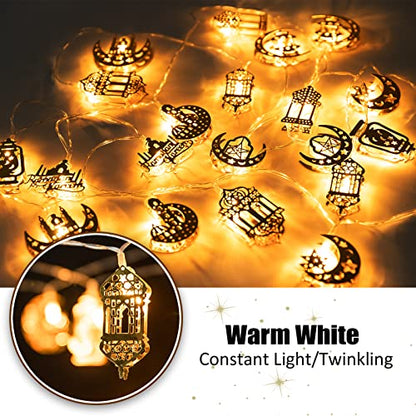 Ramadan Eid String Light - 9.8 ft 20 LEDs Mubarak String Light, Muslim String Decor with Moon Star Kerosene Lantern Palace Ornaments for Islamic Indoor Outdoor Home Garden Party Supplies - White Bulb - style: Lantern & Palace