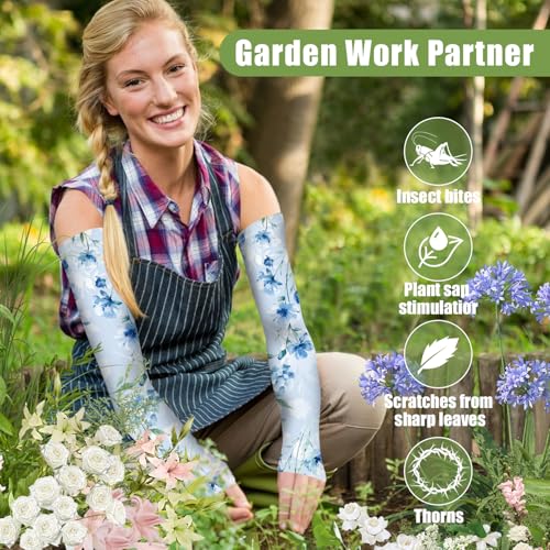 Bebila Gardening Sleeves for Women Farm UV Sun Protection Anti-Scratch Cooling Sleeves with Thumb Hole Arms Cover Outdoors - color: Blue Rose