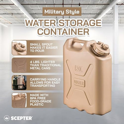 Scepter Portable Military Style Water Storage Jug & Container for Camping, 5 Gallon, Sand - Plastic Beverage and Hydration Dispenser for Outdoor Drinking, RV and Emergency Survival | Portable Heavy-Duty Plastic Beverage & Hydration Dispenser for Camping,