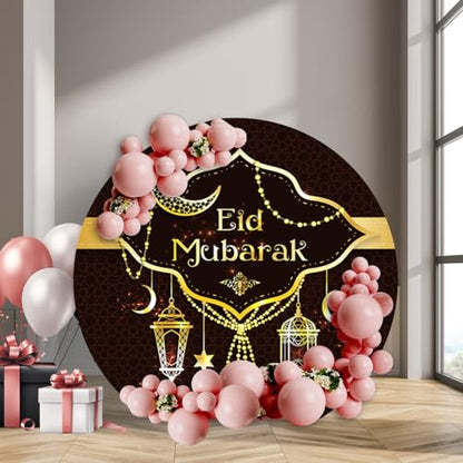 3x3ft Eid Mubarak Round Backdrop Cover Golden Crescent Luxury Gold Lanterns Glitter Eid Al-Adha Circle Background Islamic Muslim Festival Party Decor Portrait Photo Booth Studio Props - size: 3x3FT