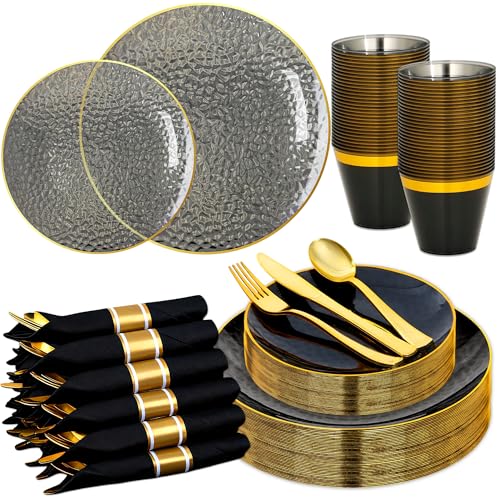 210 Pcs Plastic Dinnerware Set for 30 Guests,Black Disposable Plates with Gold Rim,Hammered Party Plates Including 30 Dinner&Dessert Plates,Cups,Black Plastic Silverware for Party,Wedding - color: Clear Black, size: 30 Guests