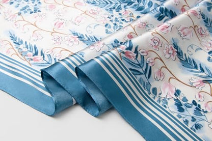 Silk-Feel 35x35 Satin Hair Scarf | Multi-Way Head Wrap for Sleep, Style & Hijab | Gift-Ready Fashion Scarf for Women - color: Blue-flowers