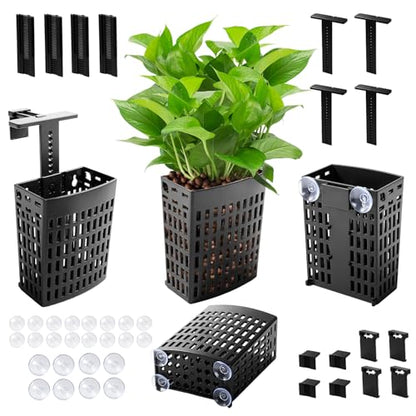Newly Upgraded Aquarium Plant Holder | Adjustable in Height and Width with Extendable Hook and Suction Cup 4-Pack for Planting Aquatic Plants and Aquariums (Black) - color: Black