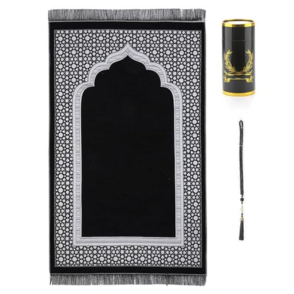 Islamic Prayer Rug Elegant Masjid Pattern Thin Mat Muslim Portable Blanket with Beads Ramadan Eid Gift Rug Turkish Prayer Carpet - color: Setc Black