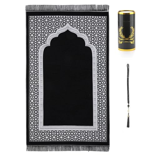 Islamic Prayer Rug Elegant Masjid Pattern Thin Mat Muslim Portable Blanket with Beads Ramadan Eid Gift Rug Turkish Prayer Carpet - color: Setc Black