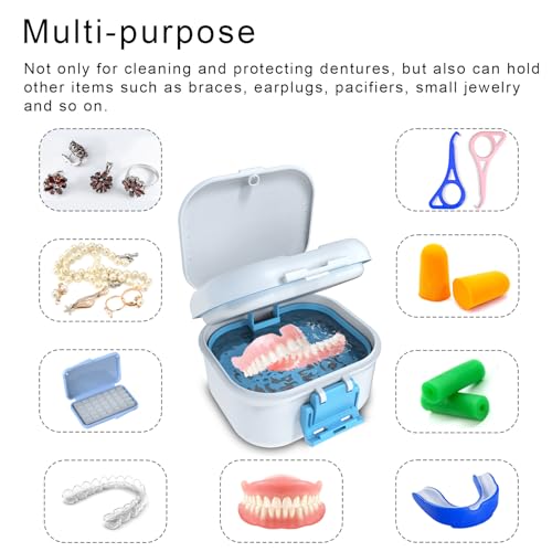 BVN 2-in-1 Leak Proof Denture Soaking Cup with Strainer | Hygienic Storage Case for Dentures, Braces, Mouth Guards & Travel Retainers - color: White+blue