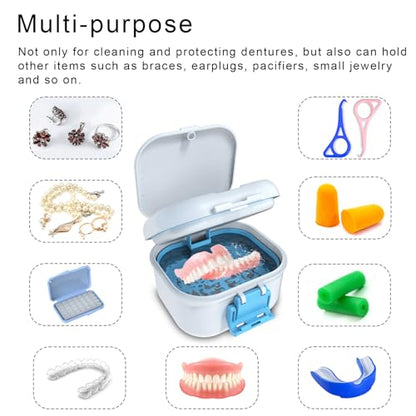 BVN 2-in-1 Leak Proof Denture Soaking Cup with Strainer | Hygienic Storage Case for Dentures, Braces, Mouth Guards & Travel Retainers - color: White+blue