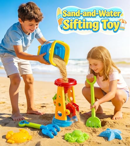 Collapsible Beach Sand Toys for Kids Toddlers, Collapsible Sand Bucket with Water Wheel Sifter Shovels Set with Mesh Bag and Sand Molds, Travel Beach Sandbox Toys for Boys Girls 3 4 5 6 7 8 9 10+