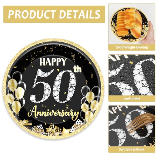 48Pcs 50th Anniversary Paper Plates Napkins Wedding Party Decorations Employee Career Retirements Party Supplies Black Gold Disposable Dinner Tableware Set for Birthday Anniversary Graduation Serve 24 - style: 50th Anniversary