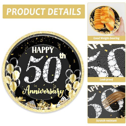 48Pcs 50th Anniversary Paper Plates Napkins Wedding Party Decorations Employee Career Retirements Party Supplies Black Gold Disposable Dinner Tableware Set for Birthday Anniversary Graduation Serve 24 - style: 50th Anniversary